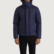 
Dettaglio ravvicinato of Classic Collar & Zipper With Placket Hardware on Malcolm Blu Hooded Puffer Giacca in Pelle da Uomo