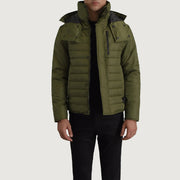 
Malcolm Verde Hooded Puffer Giacca in Pelle da Uomo in Green Full-Grain Leather - Vista frontale e silhouette sartoriale | Acquista online