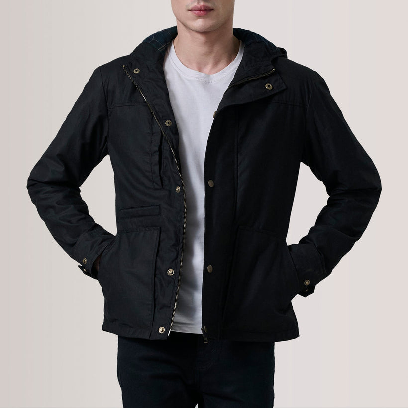 Marlo Nero Canvas Hooded Work Giacca in Pelle da Uomo