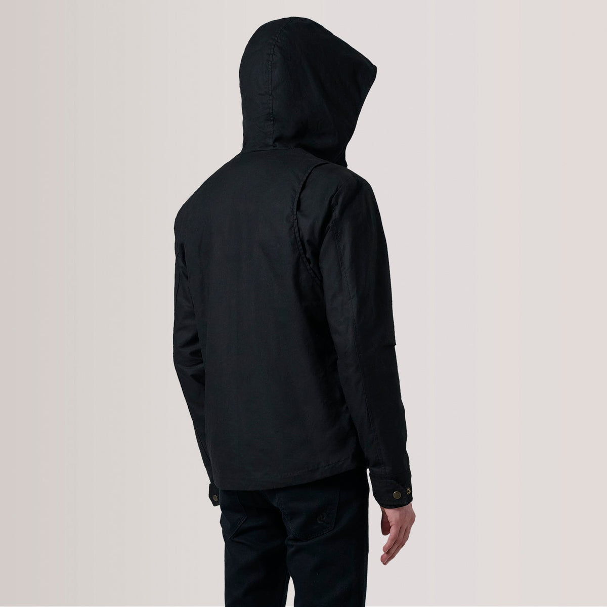 Dettaglio ravvicinato of Hooded &amp; Zipper with placket Hardware on Marlo Nero Canvas Hooded Work Giacca in Pelle da Uomo For Men