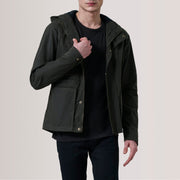 Marlo Olive Canvas Hooded Work Giacca in Pelle da Uomo For Men in Olive Waxed Cotton Canvas - Vista frontale e linea su misura | Acquista online