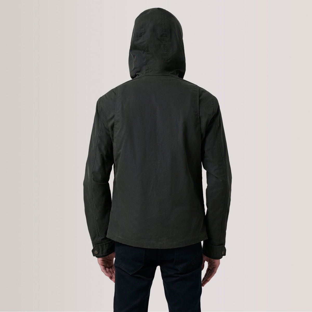 Dettaglio ravvicinato of Hooded &amp; Zipper with placket Hardware on Marlo Olive Canvas Hooded Work Giacca in Pelle da Uomo For Men