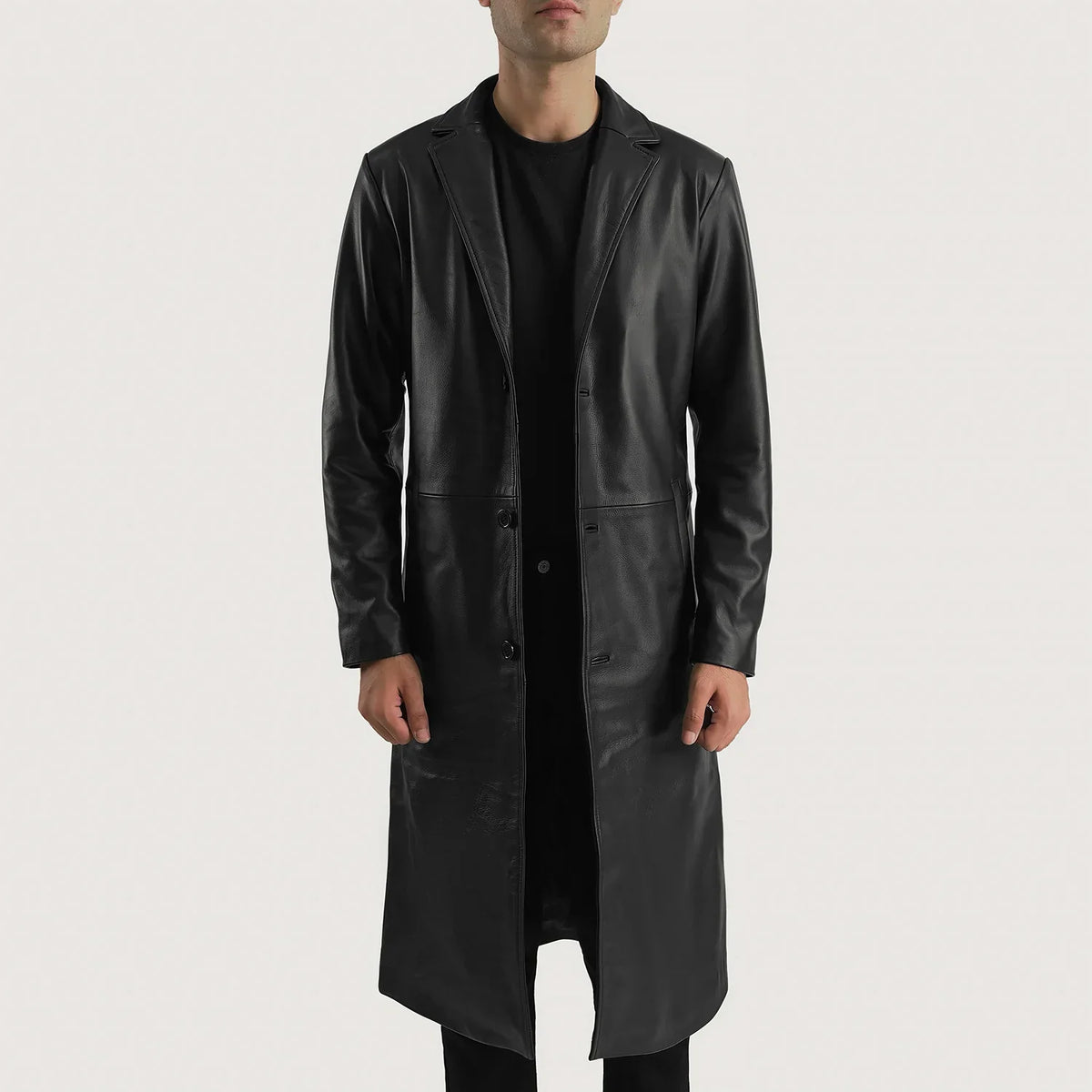 Mateo Black Leather Single Breasted Coat in Black Cowhide Leather - Vista frontale e linea su misura | Acquista online