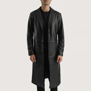 Mateo Black Leather Single Breasted Coat in Black Cowhide Leather - Vista frontale e linea su misura | Acquista online