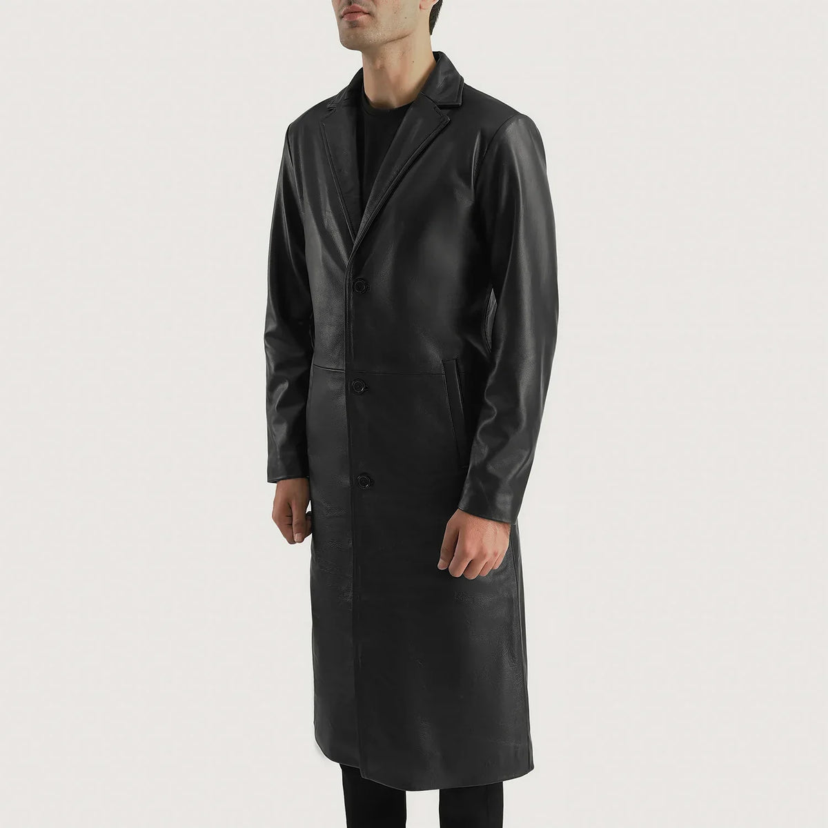 Black Cowhide Leather Winter Jacket - Vista posteriore Showing Tailored Shoulder Fit &amp; Clean Hemline