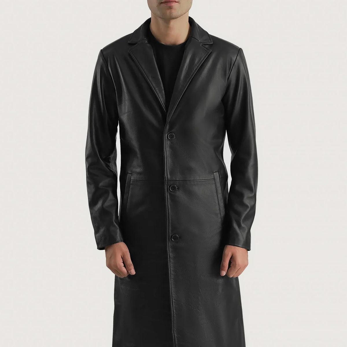Dettaglio ravvicinato of Notch &amp; Button Hardware on Mateo Black Leather Single Breasted Coat