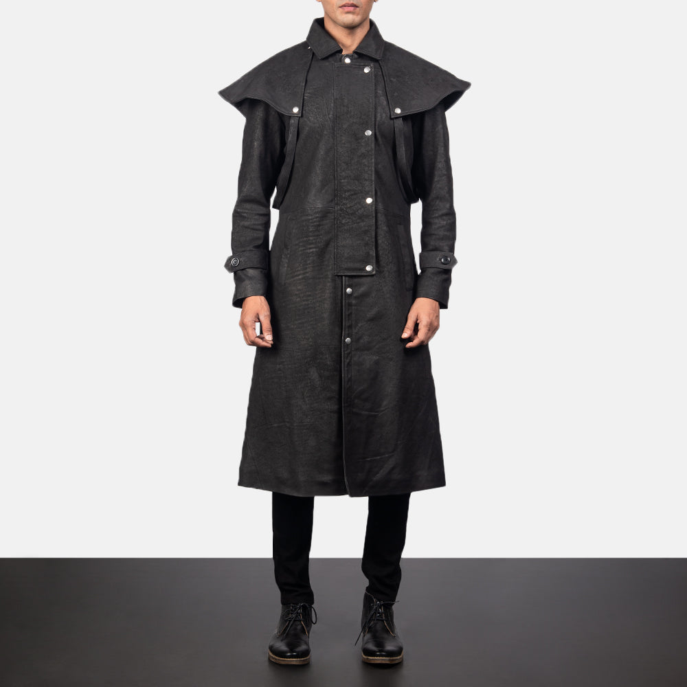 
Maverick Nero Leather Duster da Uomo in Distressed Black Sheepskin Snuffed - Vista frontale e silhouette sartoriale | Acquista online
