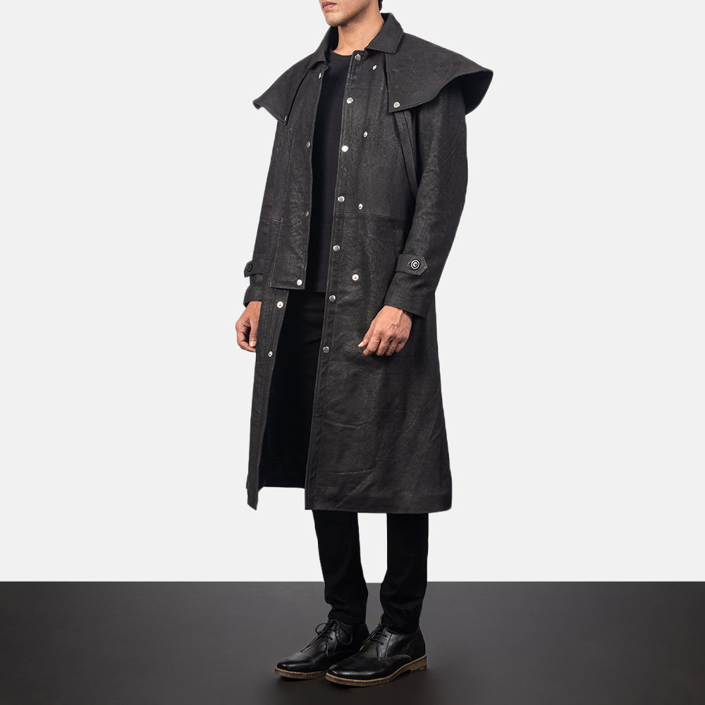 
Distressed Black Sheepskin Snuffed Trench Coat - Vista posteriore con spalle definite e orlo pulito