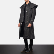 
Distressed Black Sheepskin Snuffed Trench Coat - Vista posteriore con spalle definite e orlo pulito