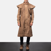Dettaglio ravvicinato of Shirt &amp; Heavy-Duty Zipper Hardware on Men's Maverick Marrone Leather Duster da Uomo