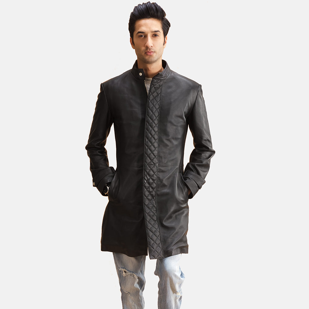 Men's Midlander Trapuntato Nero Cappotto in Pelle da Uomo in Black Sheepskin Leather - Vista frontale e linea su misura | Acquista online