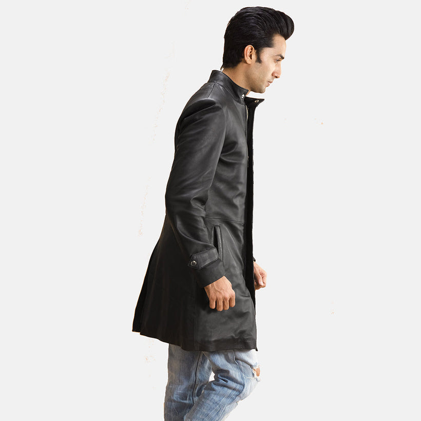 Black Sheepskin leather Coat - Back View Showing Tailored Shoulder Fit & Clean Hemline