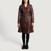 
Maroon Sheepskin Leather Trench Coat - Vista posteriore con spalle definite e orlo pulito