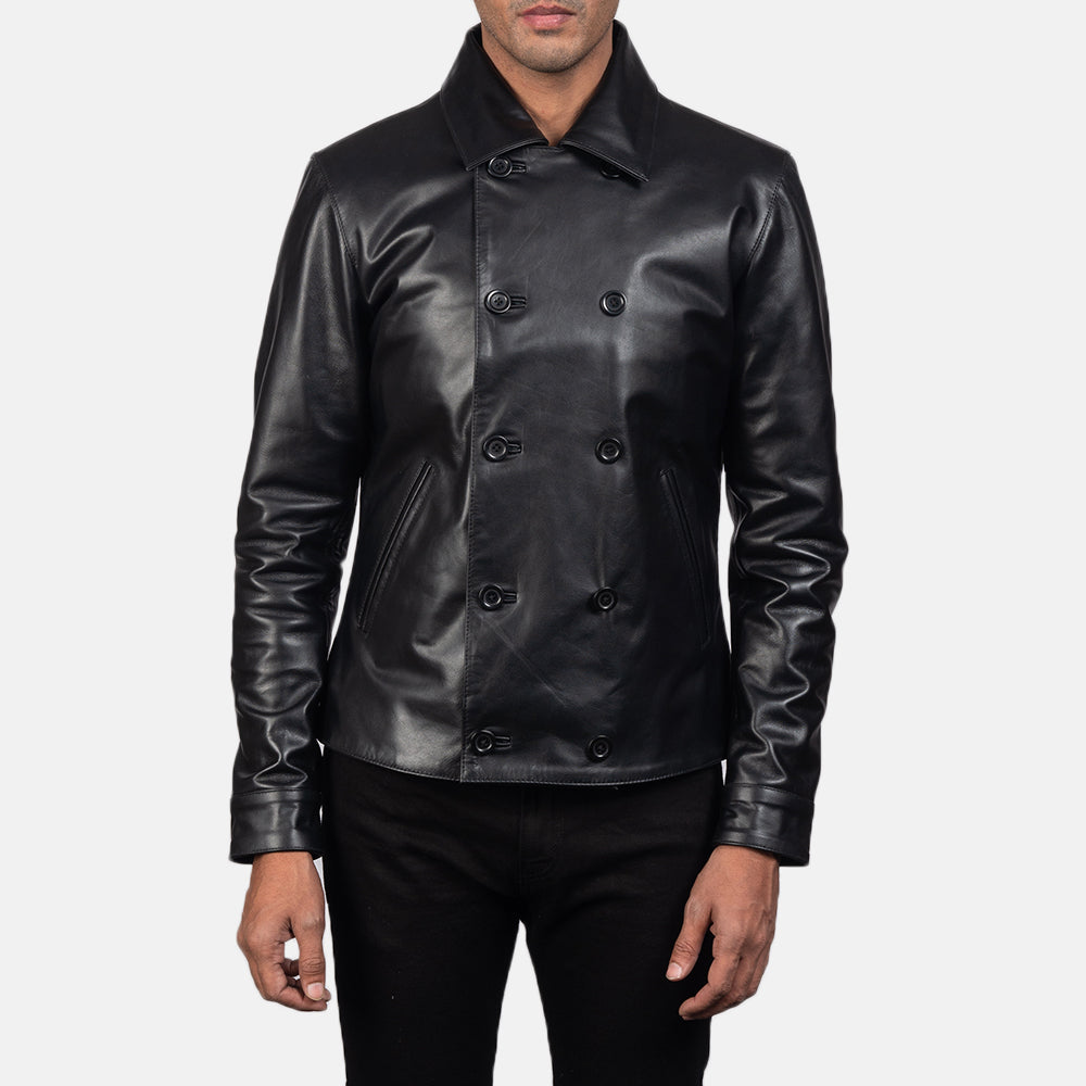 
Mod Nero Leather Peacoat da Uomo in Black Cowhide Leather - Vista frontale e silhouette sartoriale | Acquista online