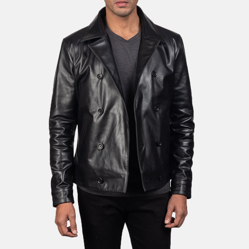 
Dettaglio ravvicinato of Notch & Buttons Hardware on Mod Nero Leather Peacoat da Uomo