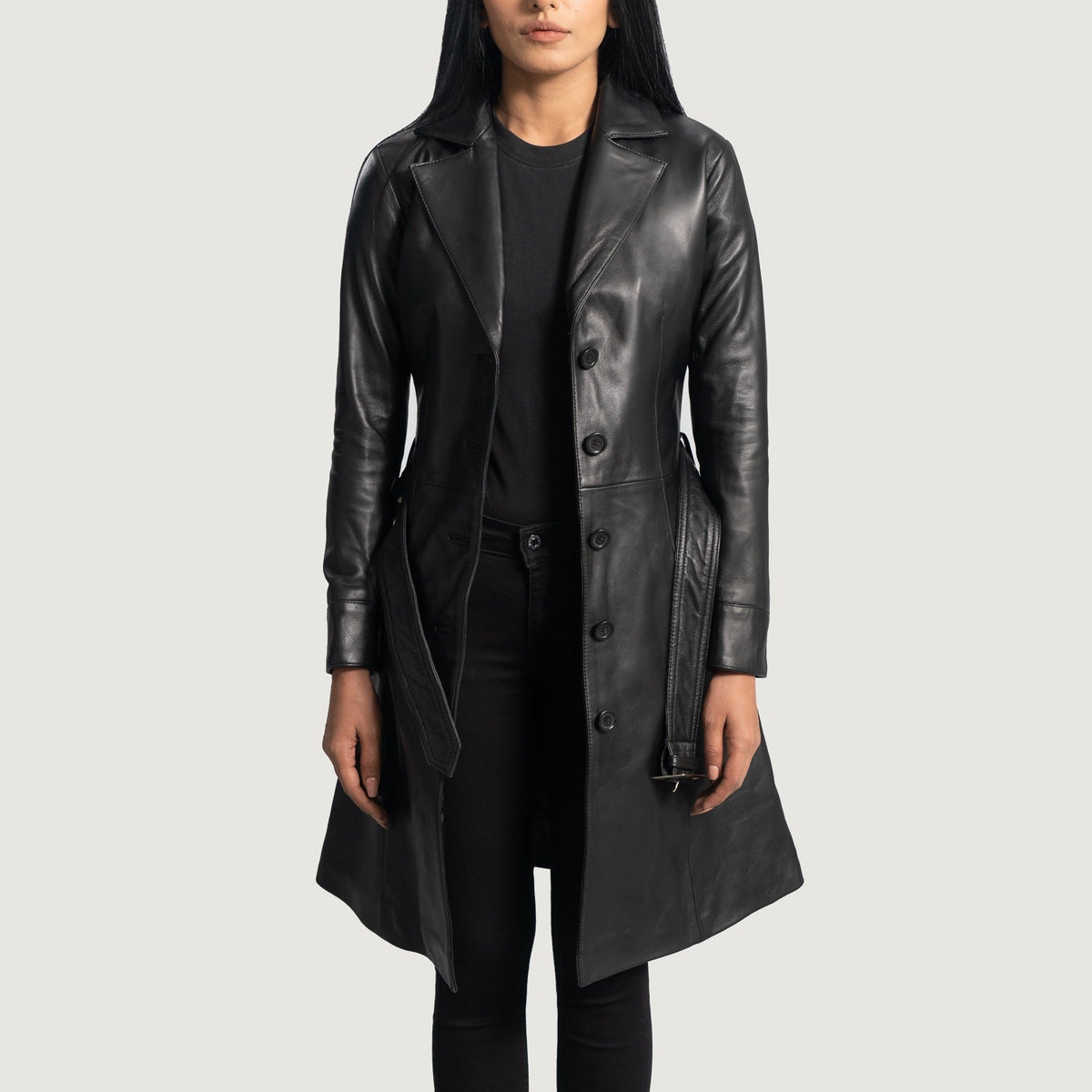 
Moonlight Nero Trench in Pelle da Donna in Black Sheepskin Leather - Vista frontale e silhouette sartoriale | Acquista online