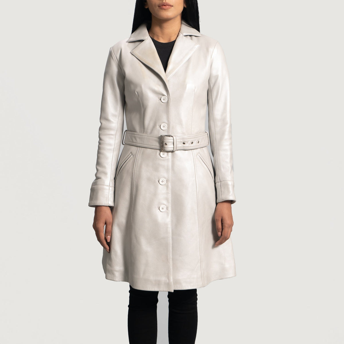 Women's Moonlight Silver Trench in Pelle da Donna in Silver Sheepskin Leather - Vista frontale e linea su misura | Acquista online