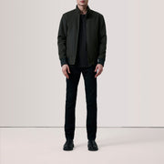 Olive Waxed Cotton Canvas Bomber Jacket - Vista posteriore Showing Tailored Shoulder Fit &amp; Clean Hemline