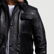 Men's Moulder Hooded Nero Giacca in Pelle da Uomo - Lateral Side Profile View Showing Sleeve Cut &amp; Athletic Taper Fit