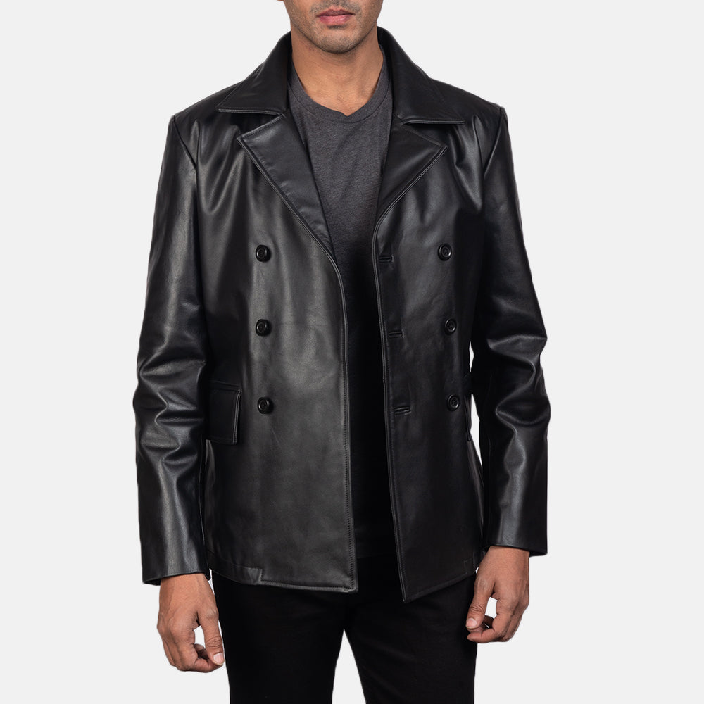 
Dettaglio ravvicinato of Notch & Buttons Hardware on Mr. Bailey Nero Leather Naval Peacoat da Uomo