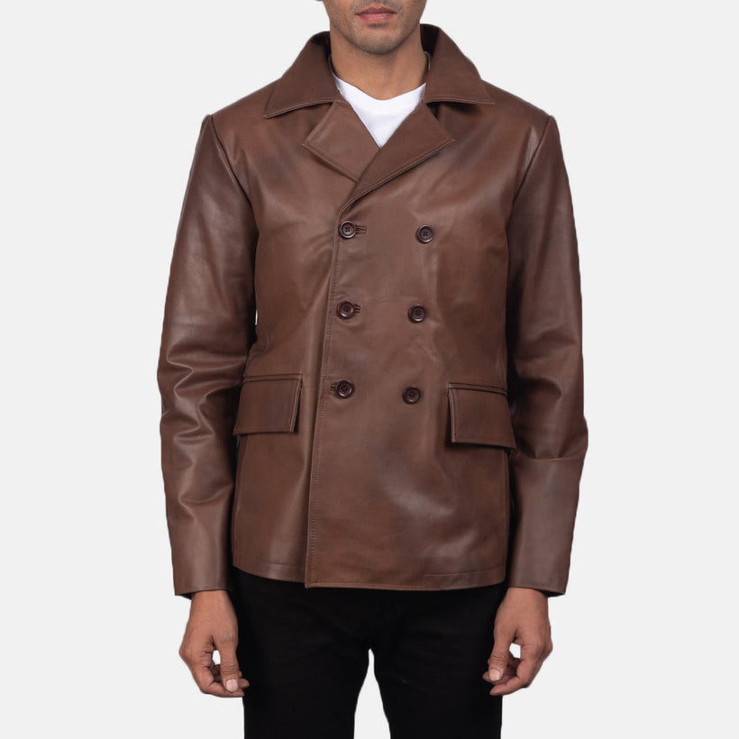 Mr. Bailey Marrone Leather Naval Peacoat da Uomo