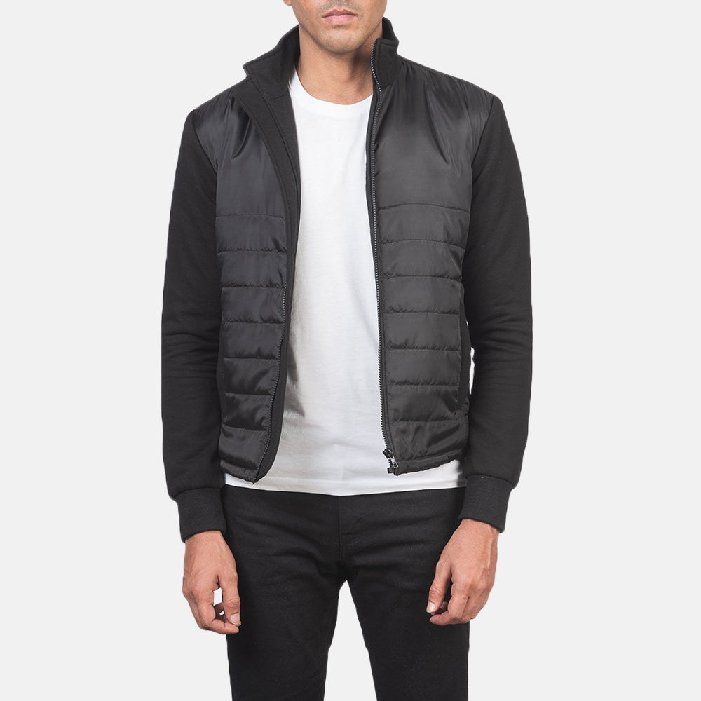 Men's Nashville Trapuntato Nero Windbreaker Giacca in Pelle da Uomo in Black Polyester (Torso) &amp;Amp; Knitted Fabric (Sleeves) - Vista frontale e linea su misura | Acquista online