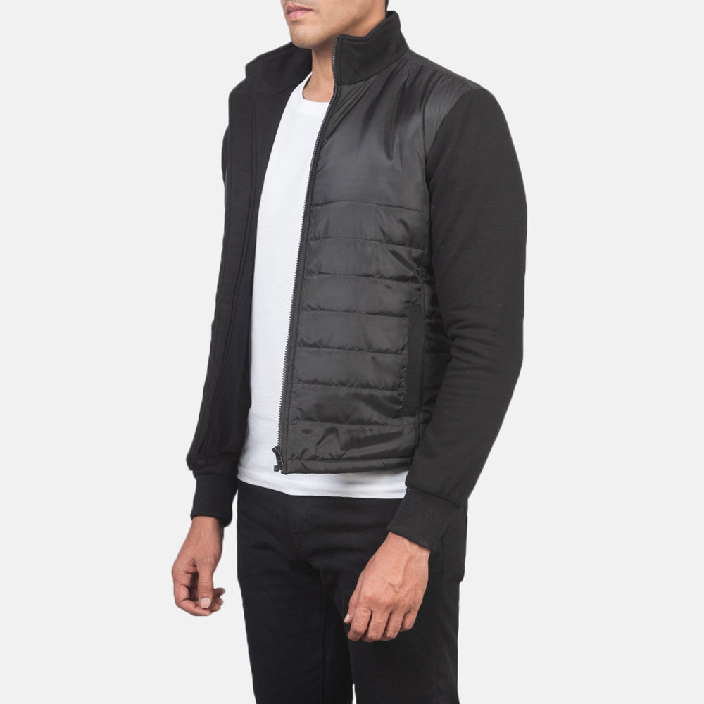 Black Polyester (Torso) &amp;Amp; Knitted Fabric (Sleeves) Winter Jacket - Vista posteriore Showing Tailored Shoulder Fit &amp; Clean Hemline