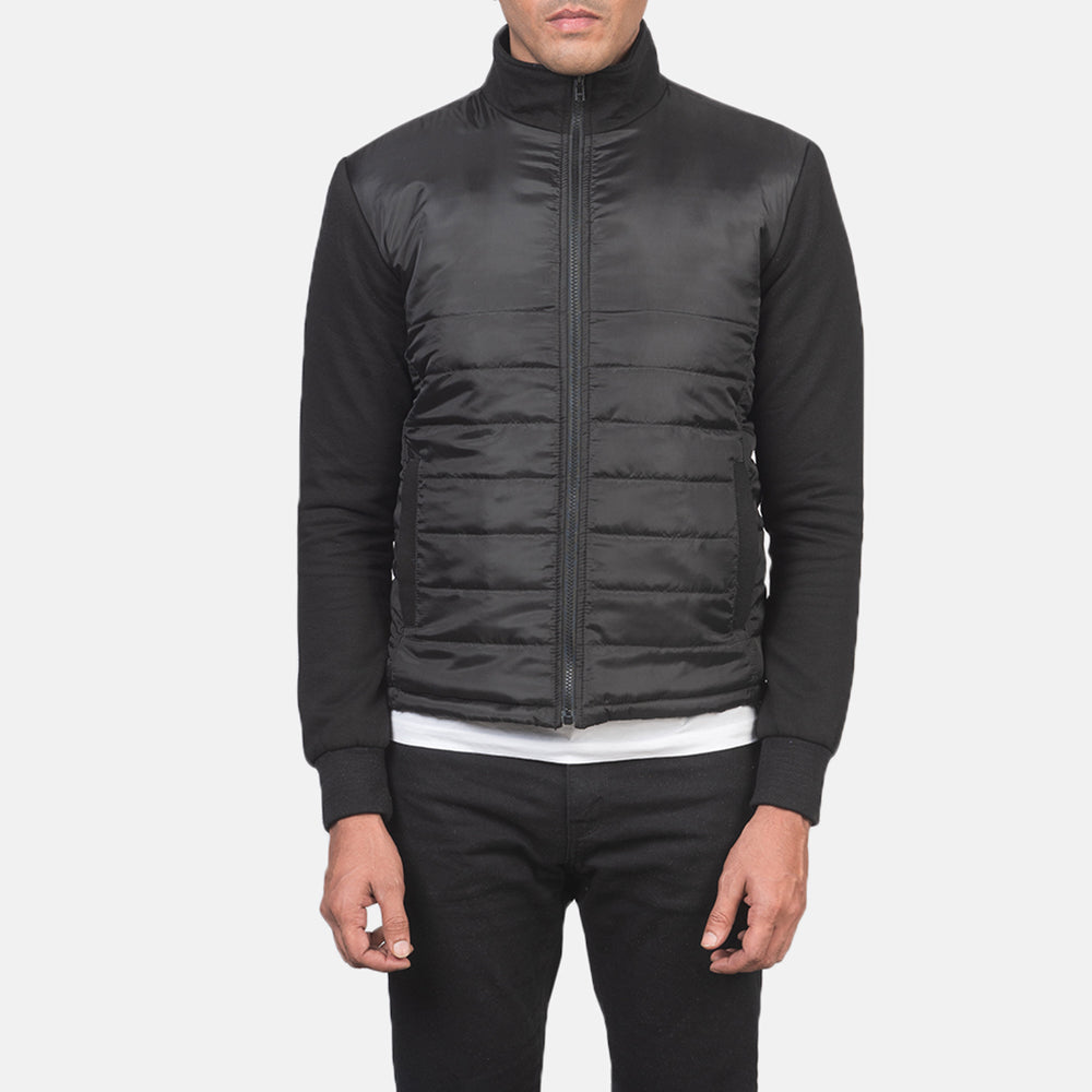 Dettaglio ravvicinato of High Neck &amp; Zipper with wind flap Hardware on Men's Nashville Trapuntato Nero Windbreaker Giacca in Pelle da Uomo