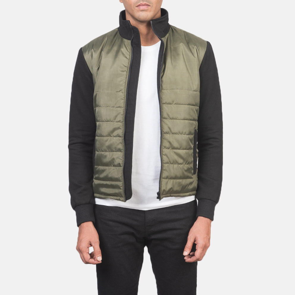 
Nashville Trapuntato Verde Windbreaker Giacca in Pelle da Uomo in Green & Black Nylon (Torso) &Amp; Knitted Fabric (Sleeves) - Vista frontale e silhouette sartoriale | Acquista online
