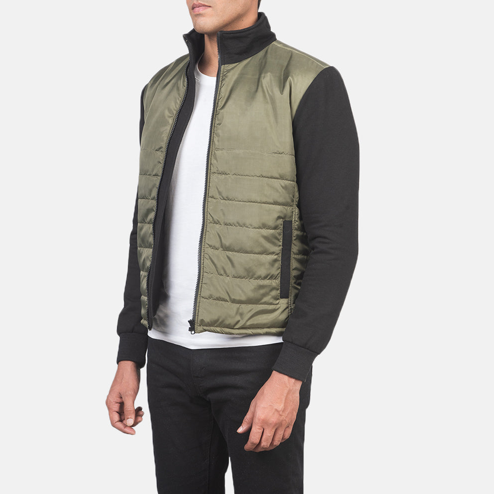 
Green & Black Nylon (Torso) &Amp; Knitted Fabric (Sleeves) Winter Jacket - Vista posteriore con spalle definite e orlo pulito