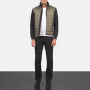 
Nashville Trapuntato Verde Windbreaker Giacca in Pelle da Uomo - Vista laterale che mostra il taglio ergonomico delle maniche