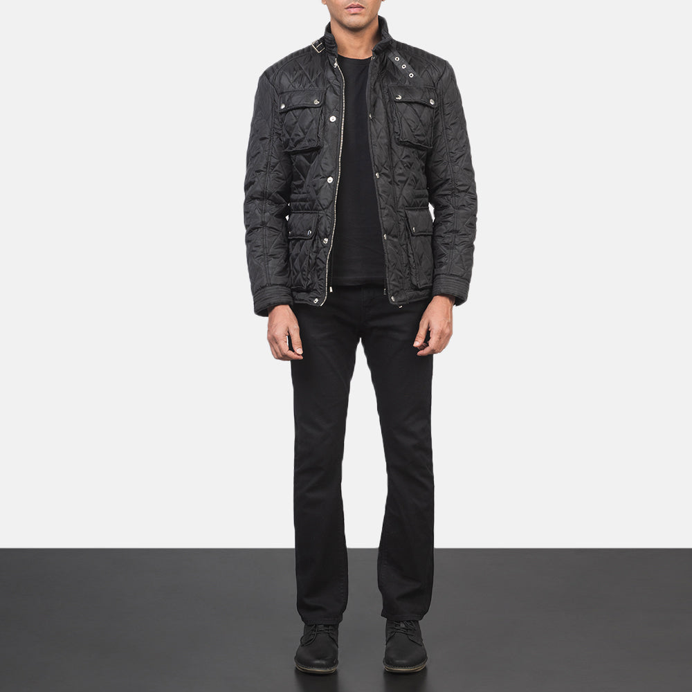 Men's Nelson Trapuntato Nero Windbreaker Giacca in Pelle da Uomo - Lateral Side Profile View Showing Sleeve Cut &amp; Athletic Taper Fit