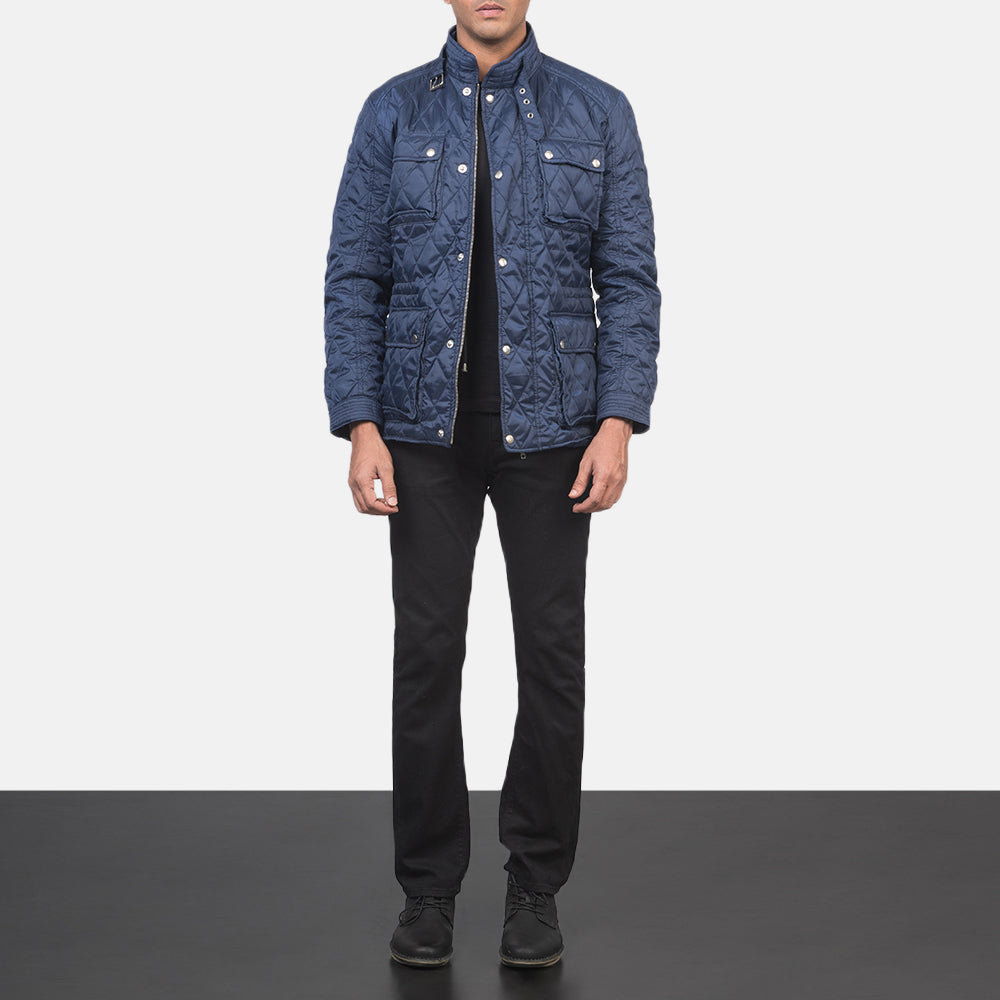 Dettaglio ravvicinato of Belted Band &amp; Zipper with Front Button Flap Hardware on Men's Nelson Trapuntato Blu Windbreaker Giacca in Pelle da Uomo