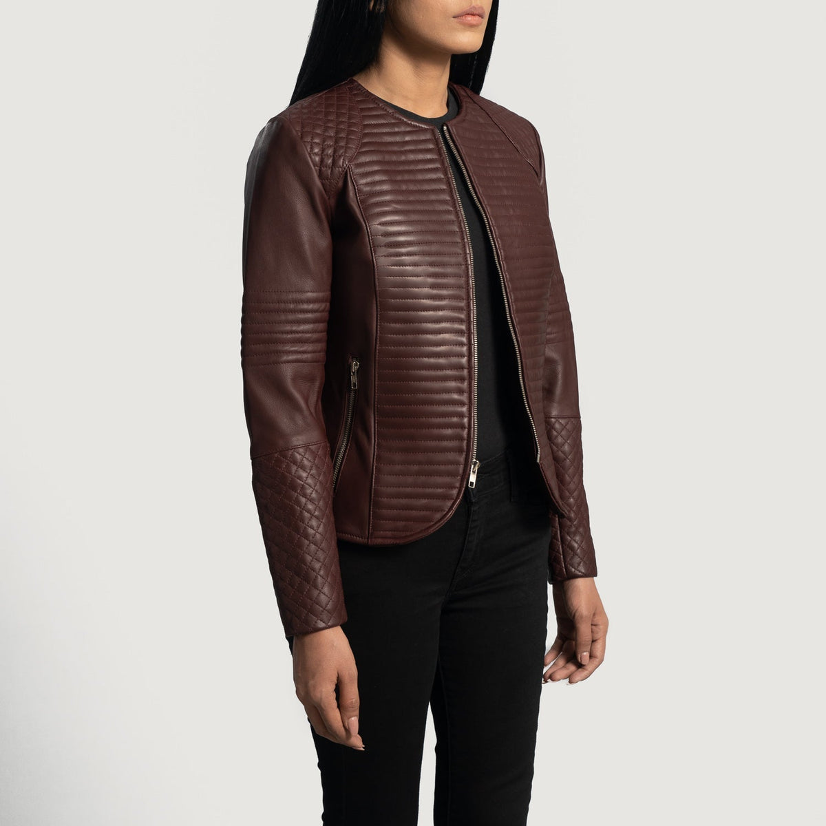 Maroon Sheepskin Leather Biker Jacket - Vista posteriore Showing Tailored Shoulder Fit &amp; Clean Hemline