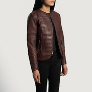 Maroon Sheepskin Leather Biker Jacket - Vista posteriore Showing Tailored Shoulder Fit &amp; Clean Hemline
