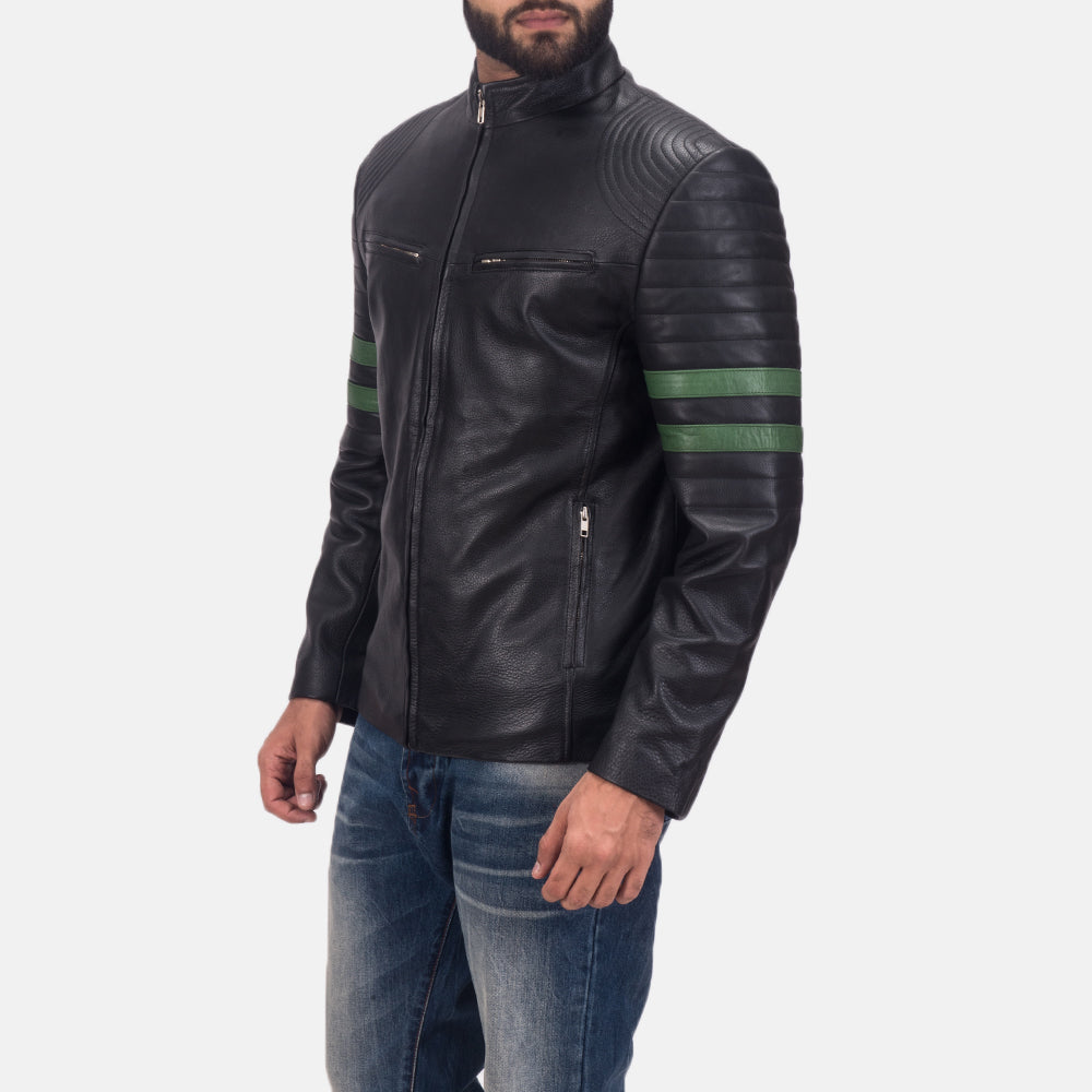 Black Cowhide Leather Biker Jacket - Vista posteriore Showing Tailored Shoulder Fit &amp; Clean Hemline