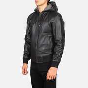 Black Sheepskin Leather Hooded Jacket - Vista posteriore Showing Tailored Shoulder Fit &amp; Clean Hemline