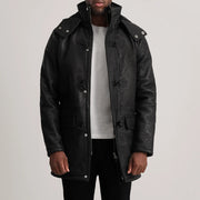 Nolan Black Snuffed Leather Duffle Coat in Distressed Black Sheepskin Snuffed - Vista frontale e linea su misura | Acquista online
