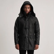 Dettaglio ravvicinato of Band collar &amp; Zipper with Toggle button Hardware on Nolan Black Snuffed Leather Duffle Coat