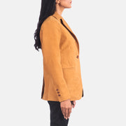 Brown Cowhide Nubuck Leather Blazer - Vista posteriore Showing Tailored Shoulder Fit &amp; Clean Hemline