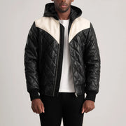 
Norman Tan Hooded Bomber Leather Puffer Jacket in Tan Brown Sheepskin Leather - Vista frontale e silhouette sartoriale | Acquista online