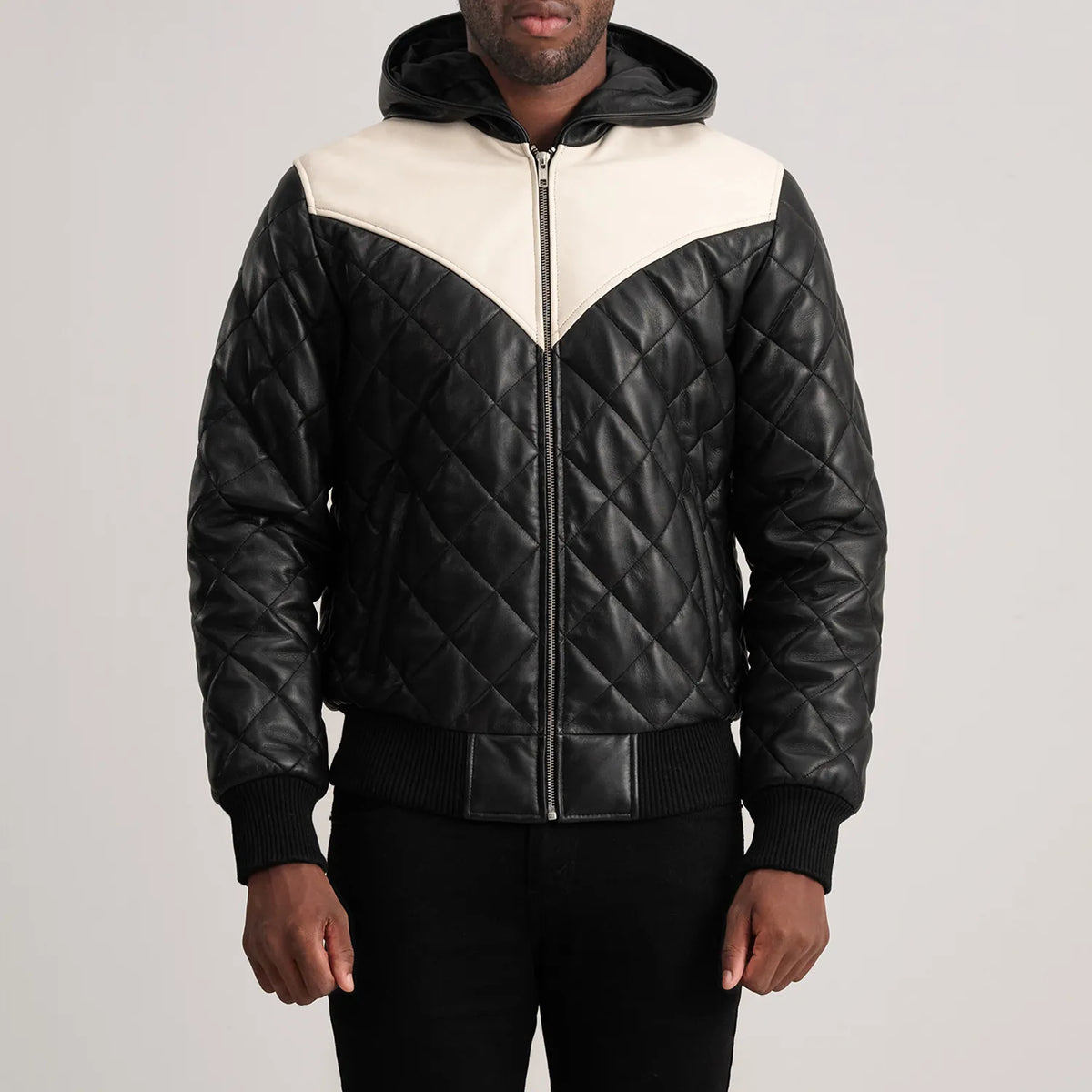 
Dettaglio ravvicinato of Hooded & Zipper Hardware on Norman Tan Hooded Bomber Leather Puffer Jacket