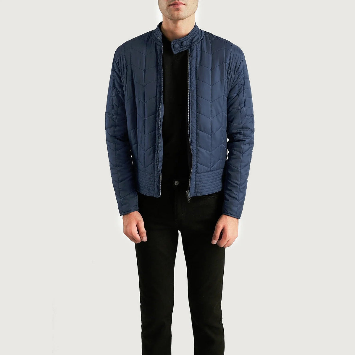 Men's Nyle Trapuntato Windbreaker Giacca in Pelle da Uomo in Navy Blue Nylon - Vista frontale e linea su misura | Acquista online