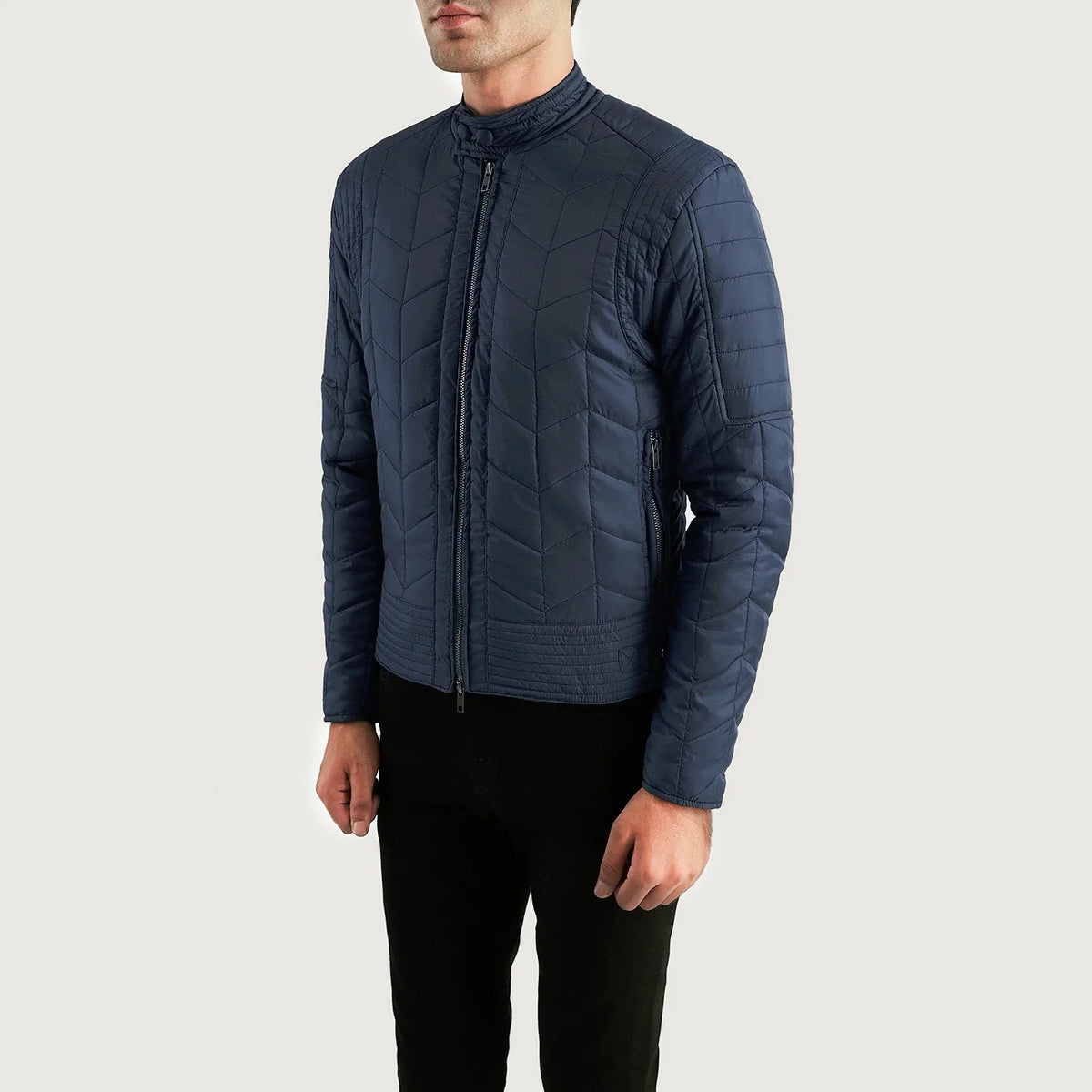 Navy Blue Nylon Winter Jacket - Vista posteriore Showing Tailored Shoulder Fit &amp; Clean Hemline