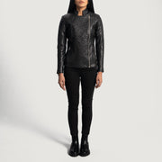 
Dettaglio ravvicinato of Band & Zipper Hardware on Orient Grain Trapuntato Nero Giacca Biker in Pelle da Donna