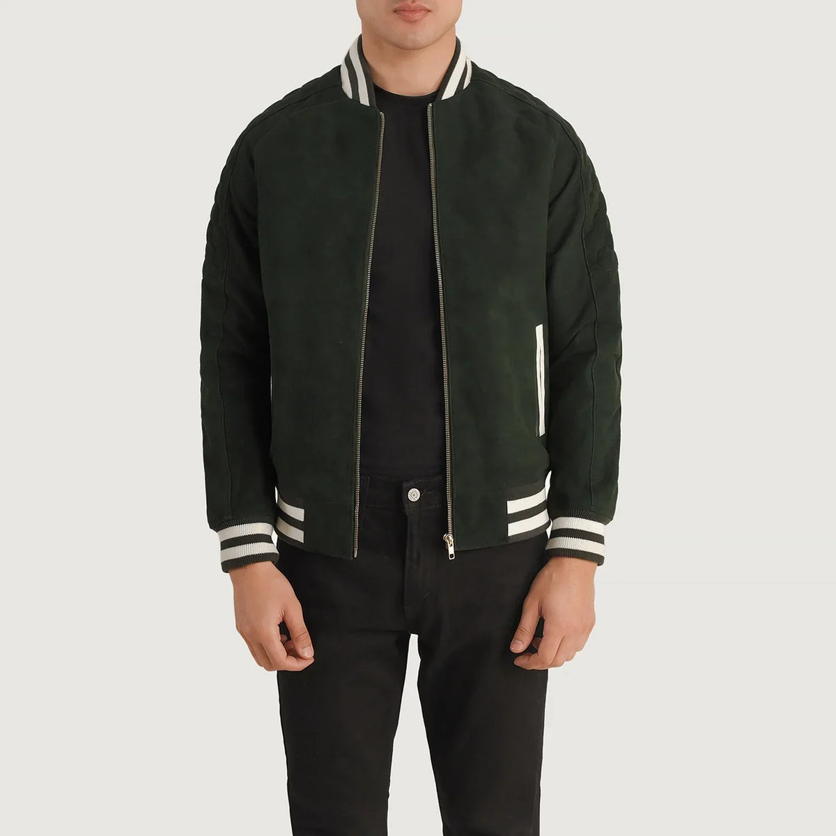Pascal Verde Suede Varsity Giacca in Pelle da Uomo in Green Goatskin Suede - Vista frontale e linea su misura | Acquista online