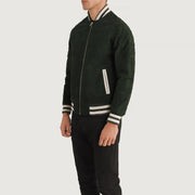 Green Goatskin Suede Varsity Jacket - Vista posteriore Showing Tailored Shoulder Fit &amp; Clean Hemline
