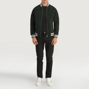 Pascal Verde Suede Varsity Giacca in Pelle da Uomo - Lateral Side Profile View Showing Sleeve Cut &amp; Athletic Taper Fit