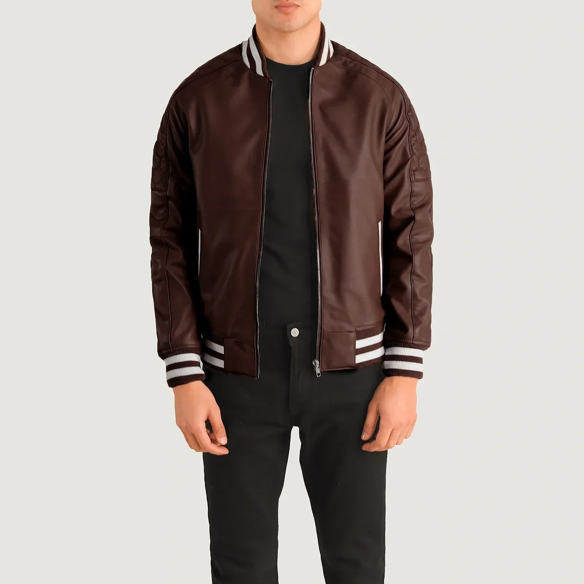 Pascal Bordeaux Leather Varsity Giacca in Pelle da Uomo in Maroon Sheepskin Leather - Vista frontale e linea su misura | Acquista online