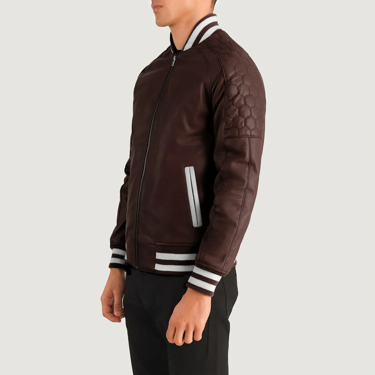 Maroon Sheepskin Leather Varsity Jacket - Vista posteriore Showing Tailored Shoulder Fit &amp; Clean Hemline